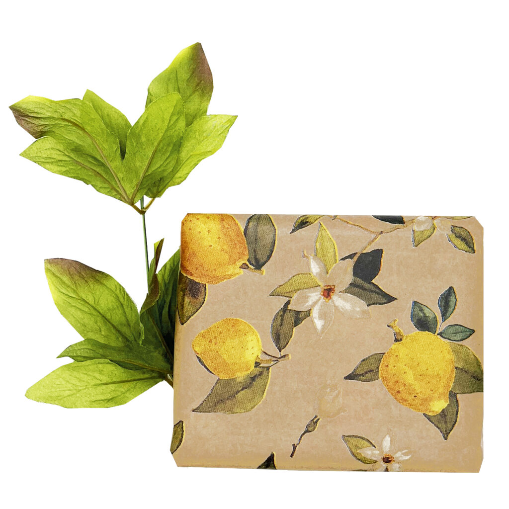 regalo encima de plantas verdes envuelto con estampado de limones y plantas verdes